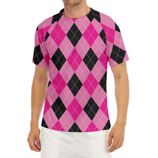 Pink And Black Argyle Pattern Print Men's Short Sleeve Rash Guard