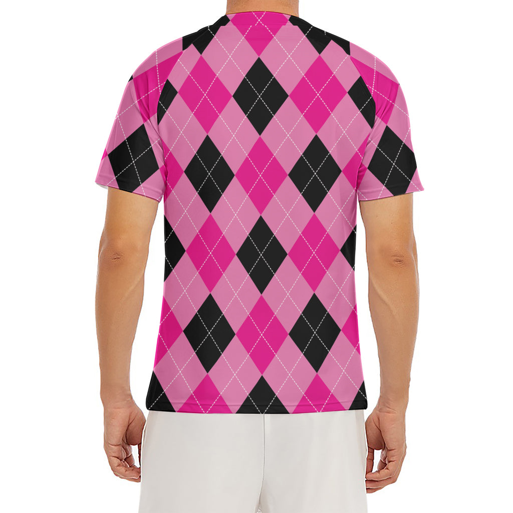 Pink And Black Argyle Pattern Print Men's Short Sleeve Rash Guard