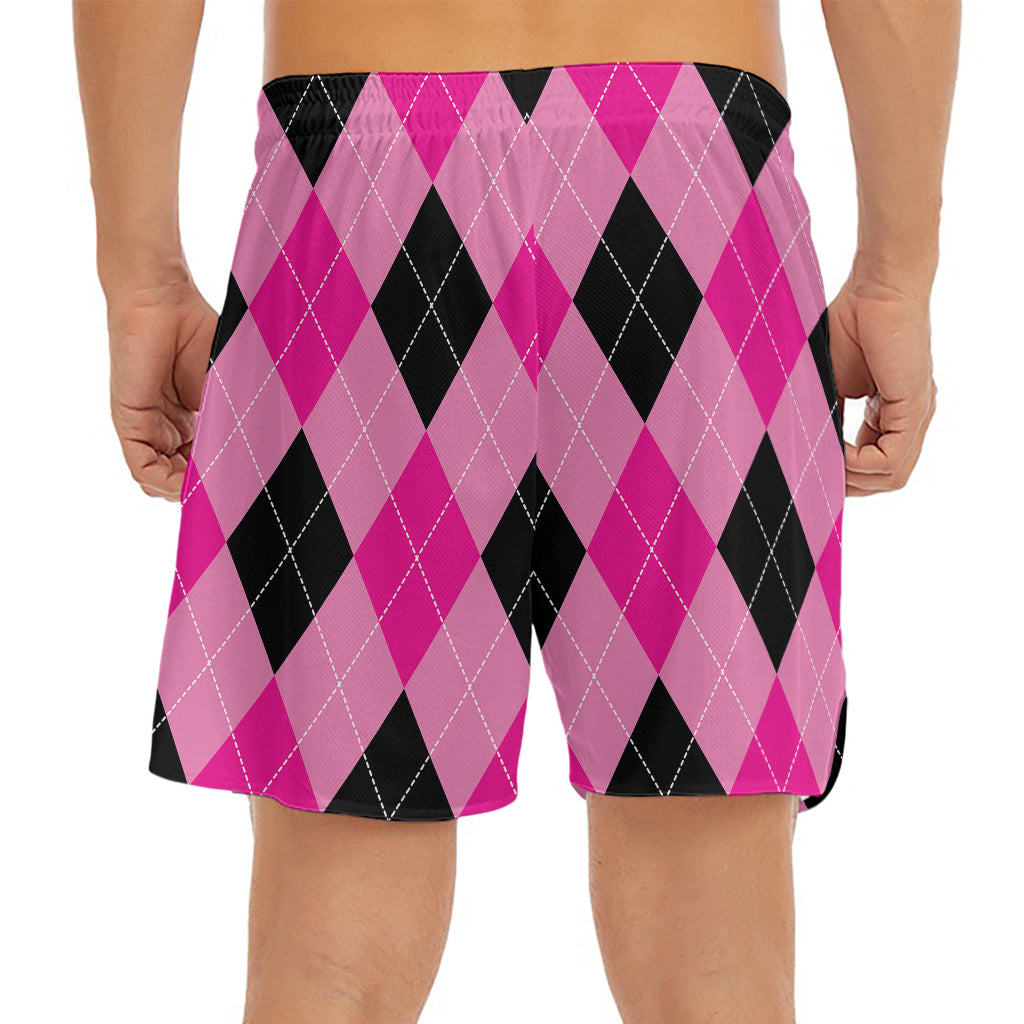 Pink And Black Argyle Pattern Print Men's Split Running Shorts