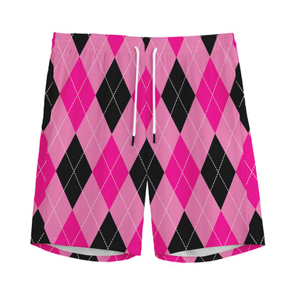 Pink And Black Argyle Pattern Print Men's Sports Shorts