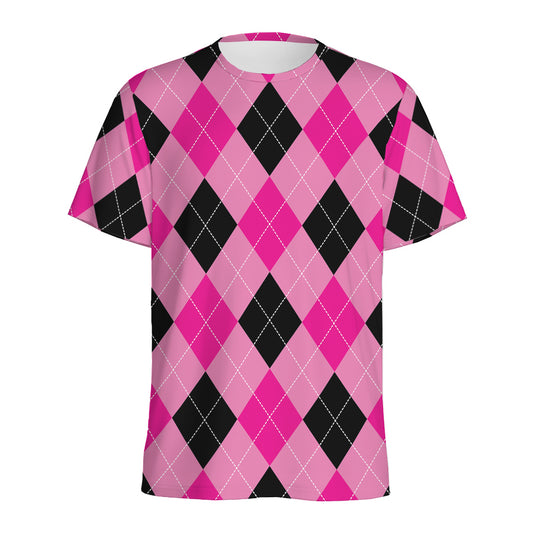 Pink And Black Argyle Pattern Print Men's Sports T-Shirt