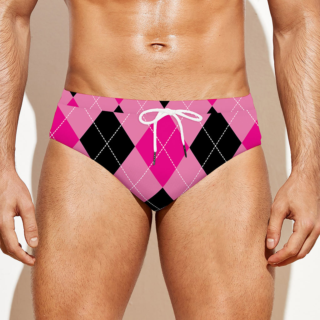 Pink And Black Argyle Pattern Print Men's Swim Briefs