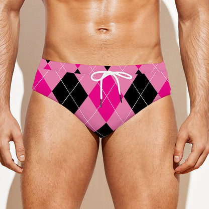 Pink And Black Argyle Pattern Print Men's Swim Briefs
