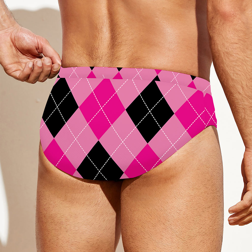 Pink And Black Argyle Pattern Print Men's Swim Briefs