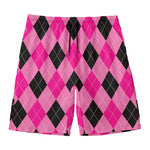 Pink And Black Argyle Pattern Print Men's Swim Trunks