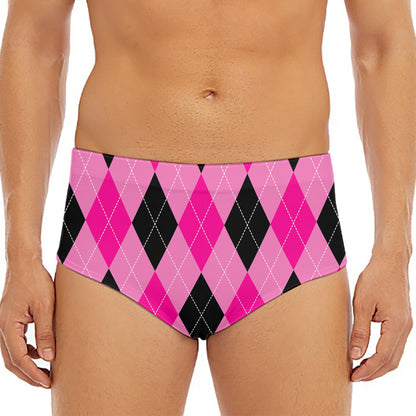 Pink And Black Argyle Pattern Print Men's Triangle Swim Briefs