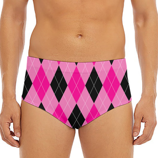 Pink And Black Argyle Pattern Print Men's Triangle Swim Briefs