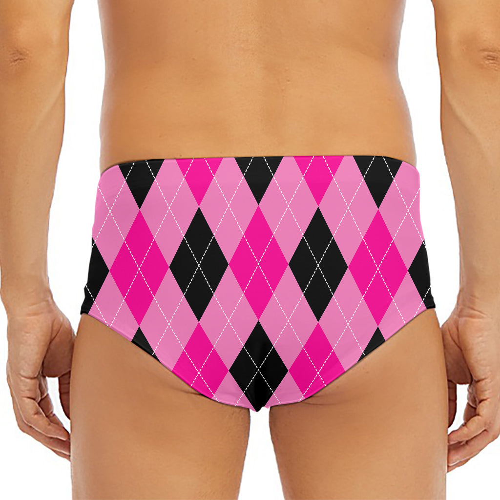 Pink And Black Argyle Pattern Print Men's Triangle Swim Briefs