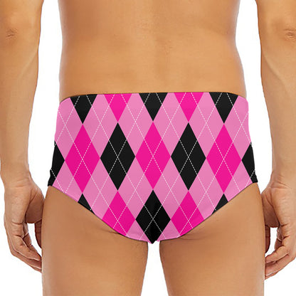 Pink And Black Argyle Pattern Print Men's Triangle Swim Briefs