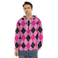 Pink And Black Argyle Pattern Print Men's Velvet Pullover Hoodie