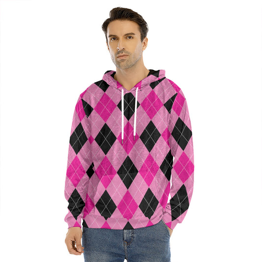 Pink And Black Argyle Pattern Print Men's Velvet Pullover Hoodie