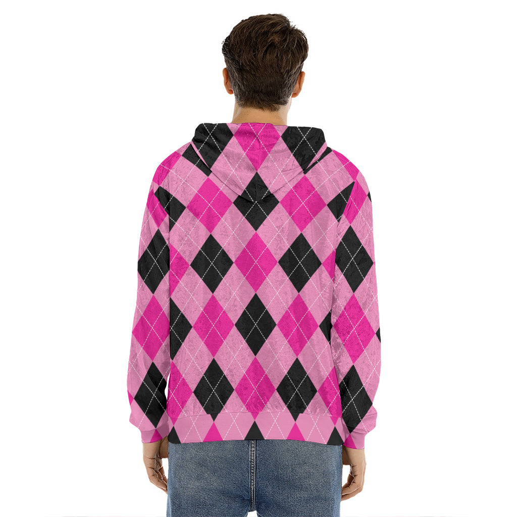Pink And Black Argyle Pattern Print Men's Velvet Pullover Hoodie