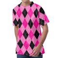 Pink And Black Argyle Pattern Print Men's Velvet T-Shirt