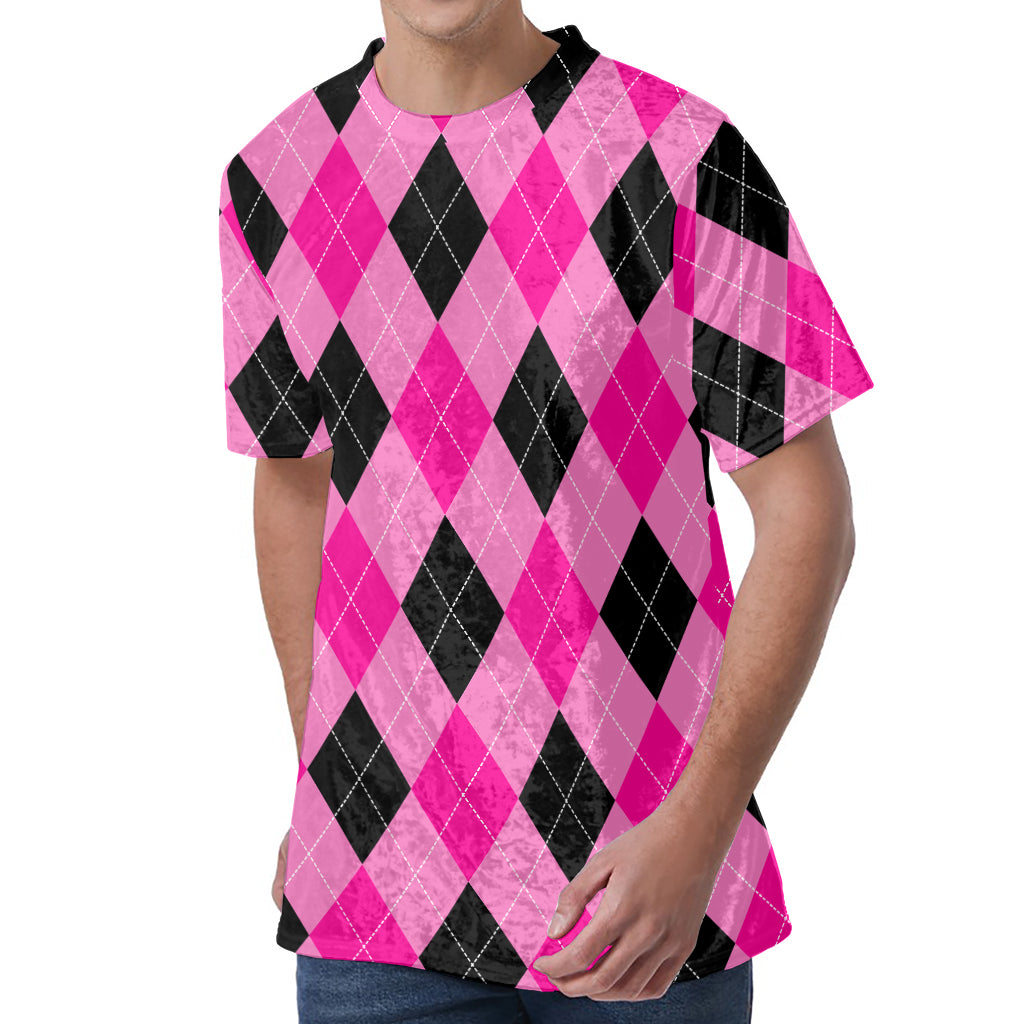 Pink And Black Argyle Pattern Print Men's Velvet T-Shirt