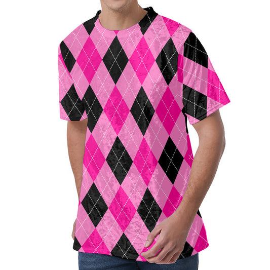 Pink And Black Argyle Pattern Print Men's Velvet T-Shirt