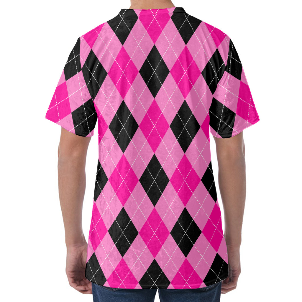 Pink And Black Argyle Pattern Print Men's Velvet T-Shirt