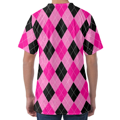 Pink And Black Argyle Pattern Print Men's Velvet T-Shirt