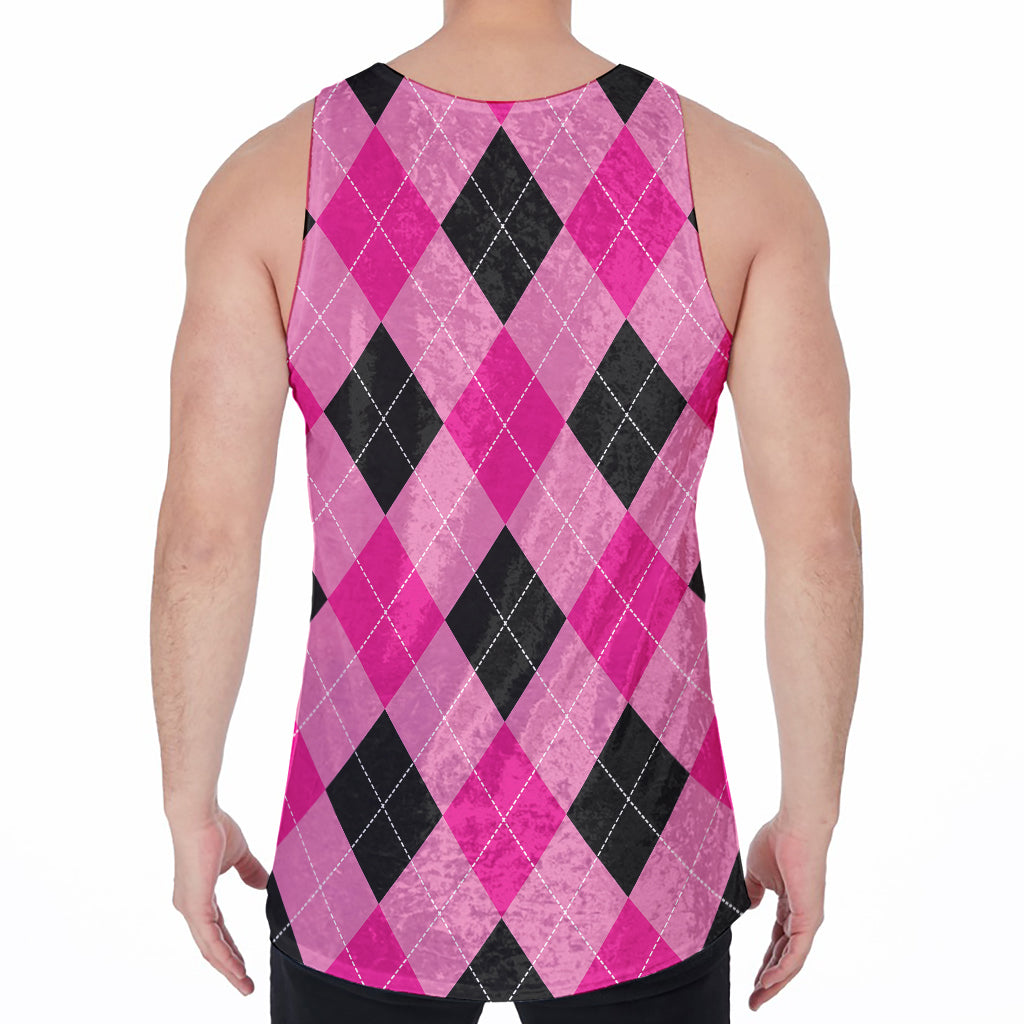 Pink And Black Argyle Pattern Print Men's Velvet Tank Top