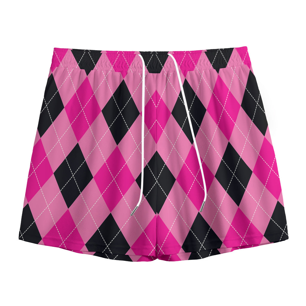 Pink And Black Argyle Pattern Print Mesh Shorts