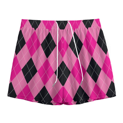 Pink And Black Argyle Pattern Print Mesh Shorts