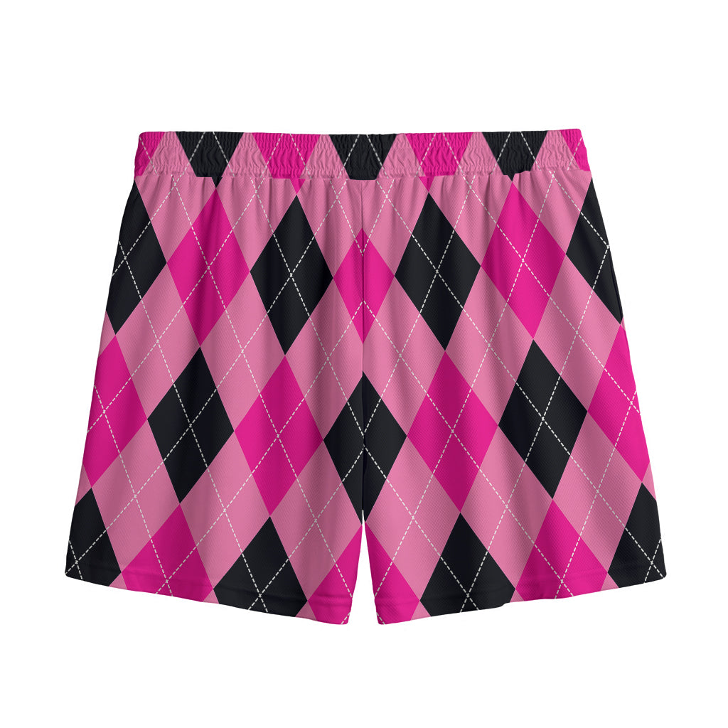 Pink And Black Argyle Pattern Print Mesh Shorts