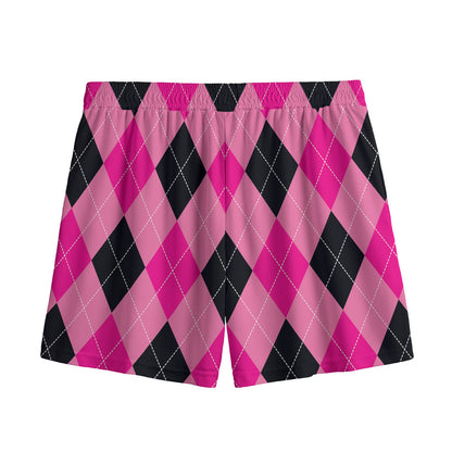 Pink And Black Argyle Pattern Print Mesh Shorts