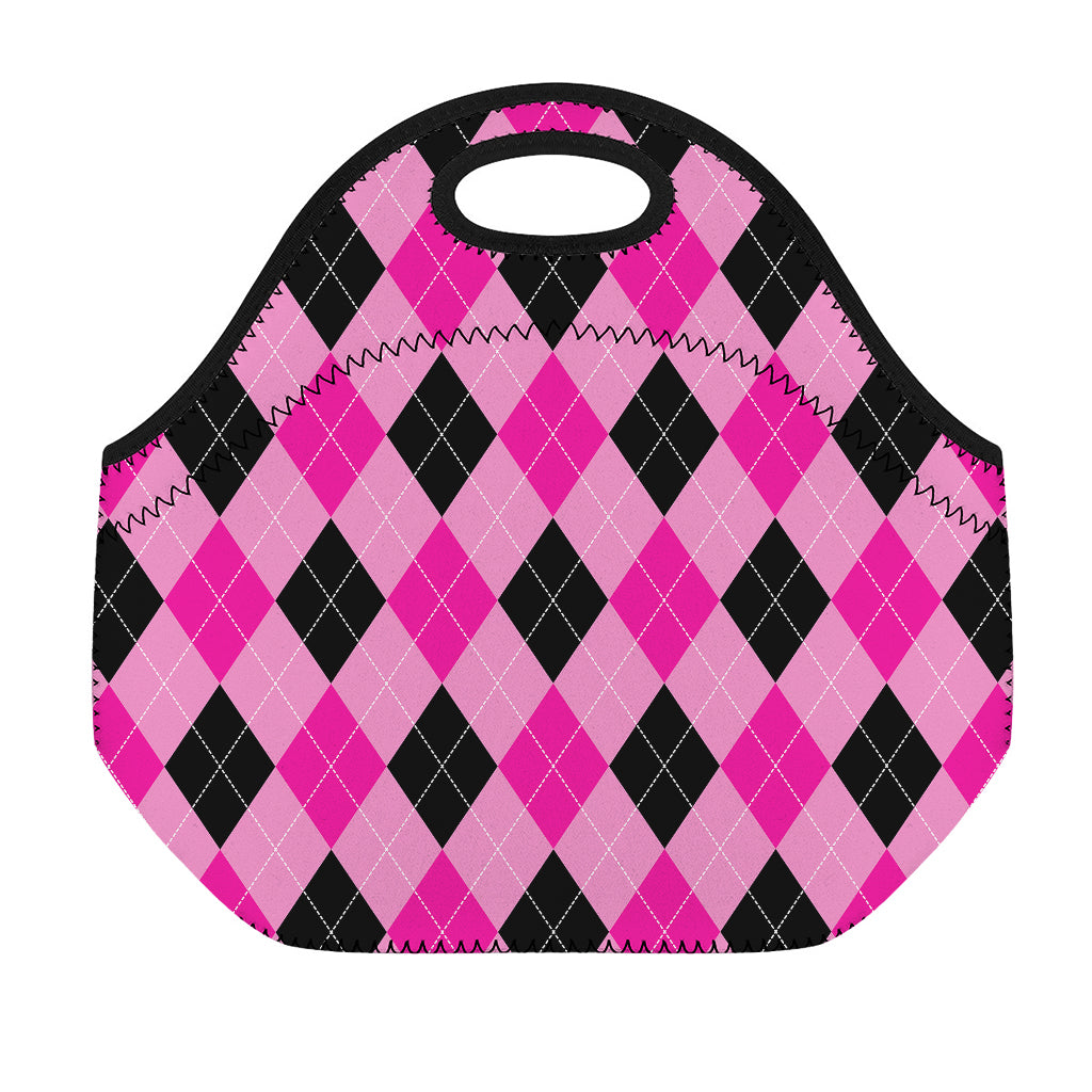 Pink And Black Argyle Pattern Print Neoprene Lunch Bag