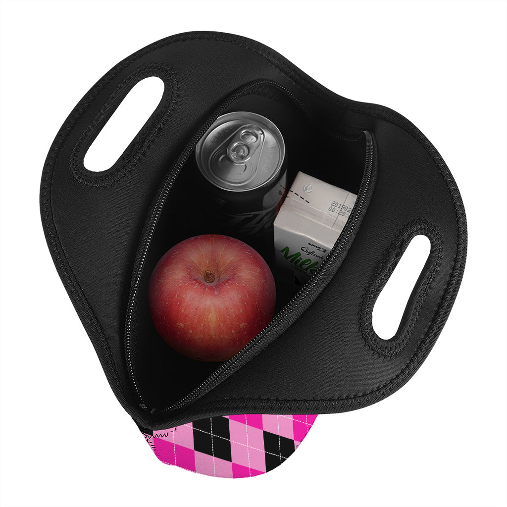 Pink And Black Argyle Pattern Print Neoprene Lunch Bag