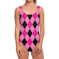 Pink And Black Argyle Pattern Print One Piece Swimsuit