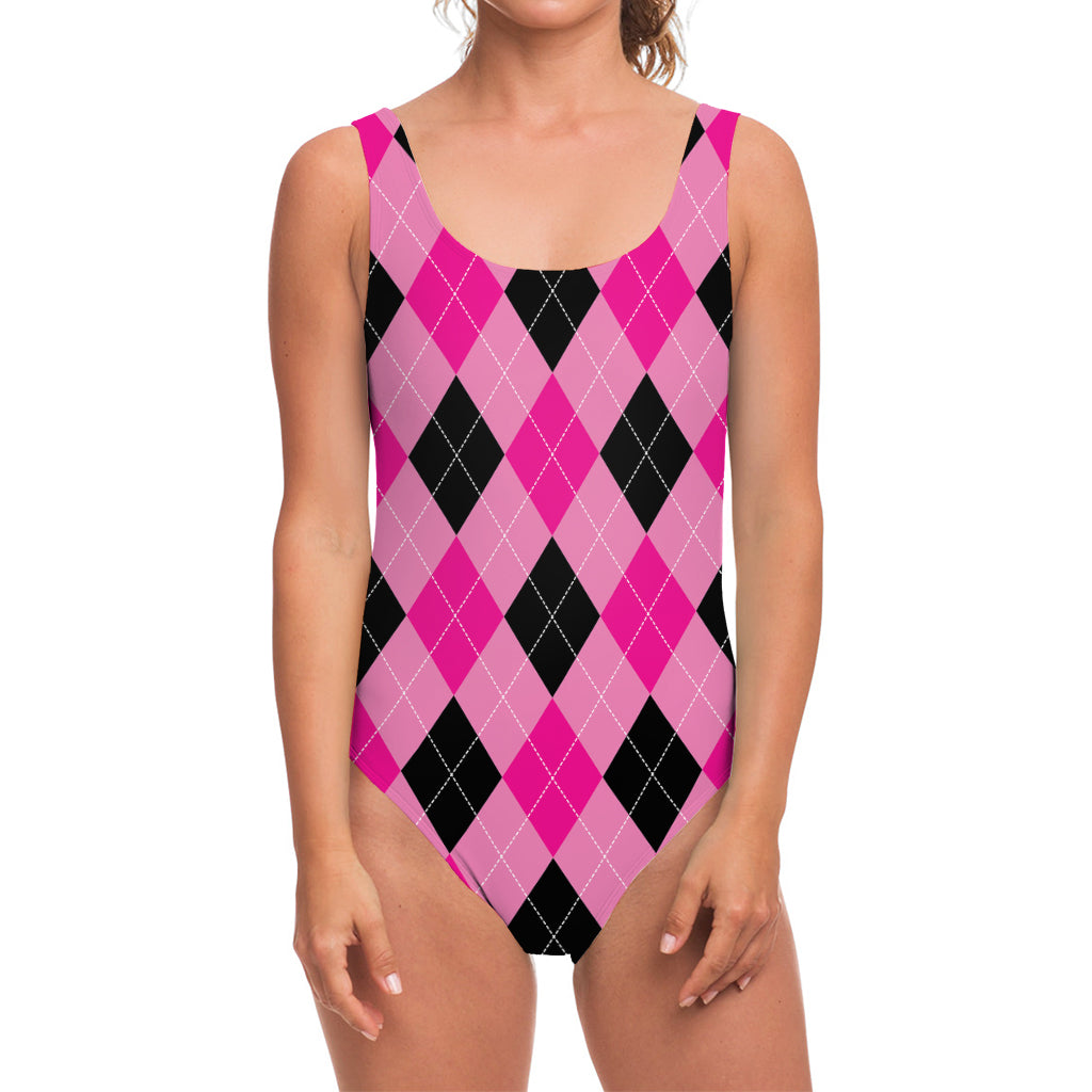 Pink And Black Argyle Pattern Print One Piece Swimsuit