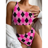 Pink And Black Argyle Pattern Print One Shoulder Bikini Top