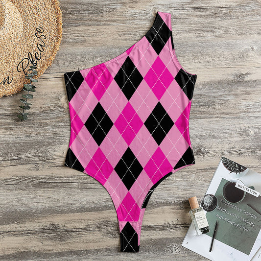 Pink And Black Argyle Pattern Print One Shoulder Bodysuit
