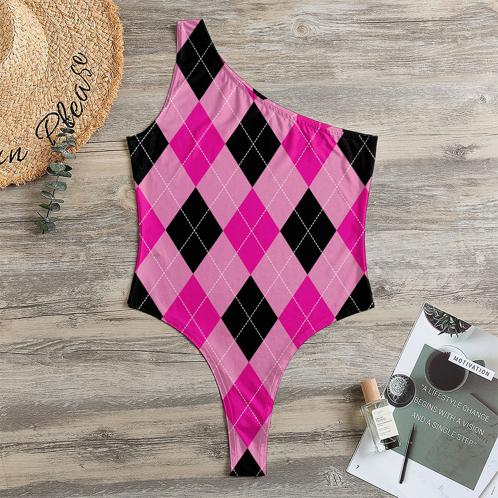 Pink And Black Argyle Pattern Print One Shoulder Bodysuit