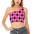 Pink And Black Argyle Pattern Print One Shoulder Crop Top