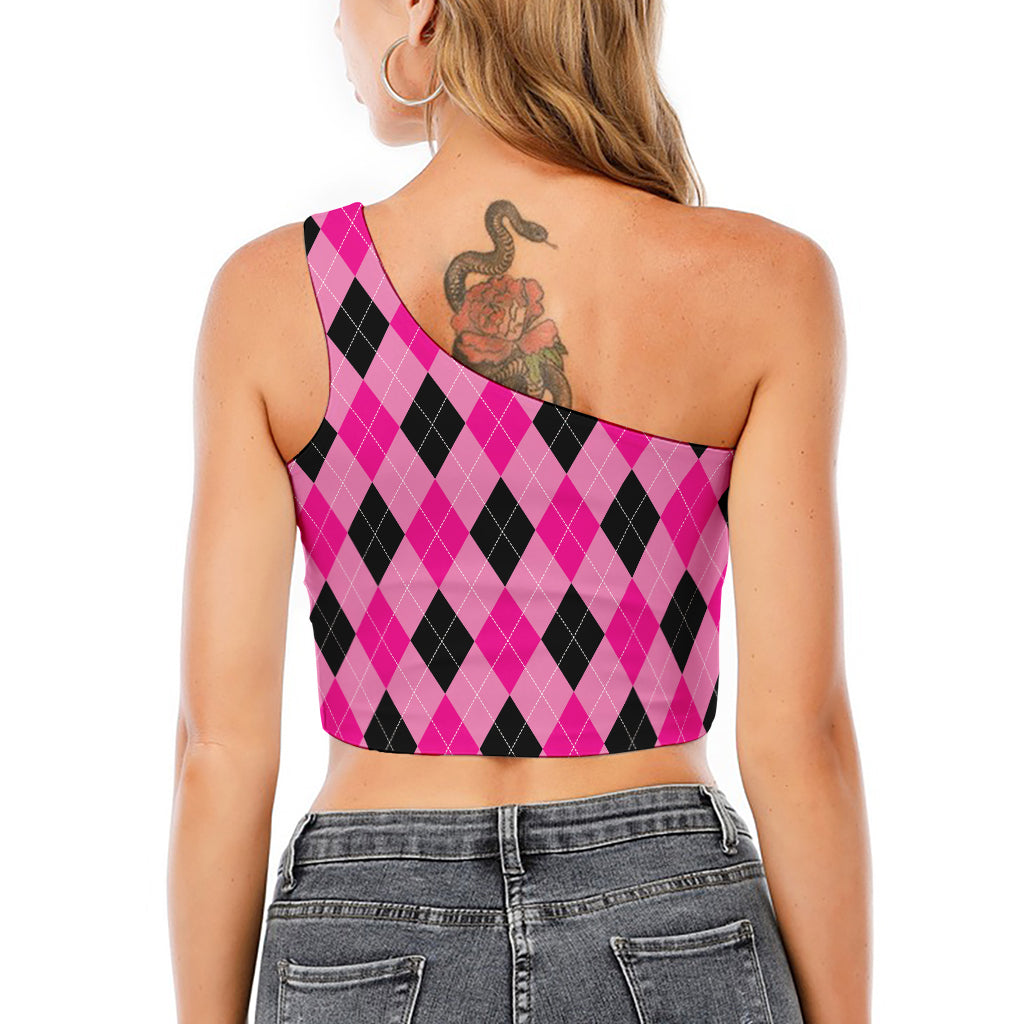 Pink And Black Argyle Pattern Print One Shoulder Crop Top