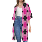 Pink And Black Argyle Pattern Print Open Front Beach Cover Up