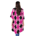 Pink And Black Argyle Pattern Print Open Front Beach Cover Up