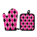 Pink And Black Argyle Pattern Print Oven Mitt And Pot Holder Set