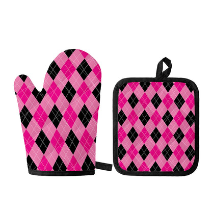 Pink And Black Argyle Pattern Print Oven Mitt And Pot Holder Set