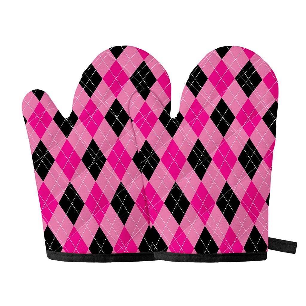 Pink And Black Argyle Pattern Print Oven Mitts