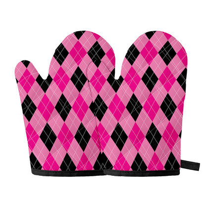 Pink And Black Argyle Pattern Print Oven Mitts