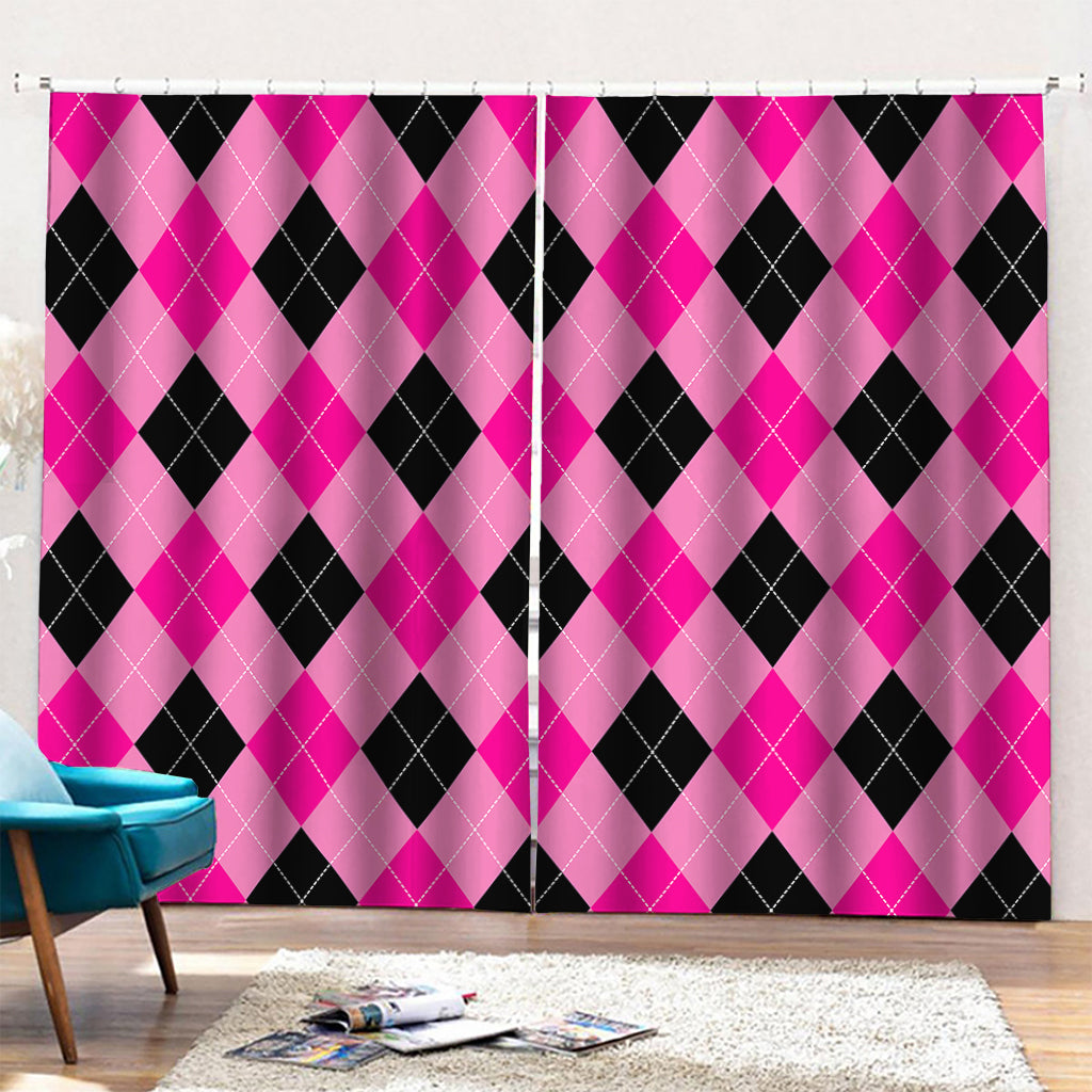 Pink And Black Argyle Pattern Print Pencil Pleat Curtains