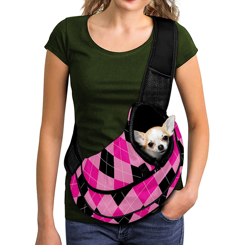 Pink And Black Argyle Pattern Print Pet Sling Carrier