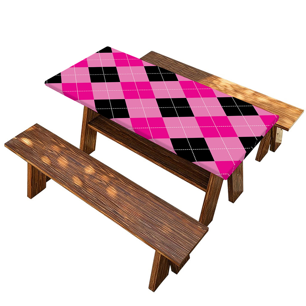 Pink And Black Argyle Pattern Print Picnic Table Cover
