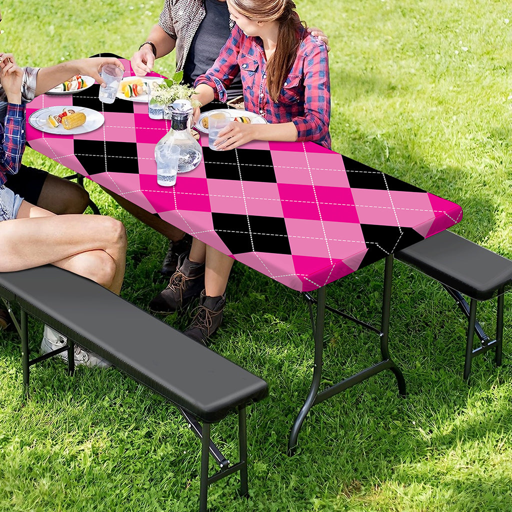 Pink And Black Argyle Pattern Print Picnic Table Cover