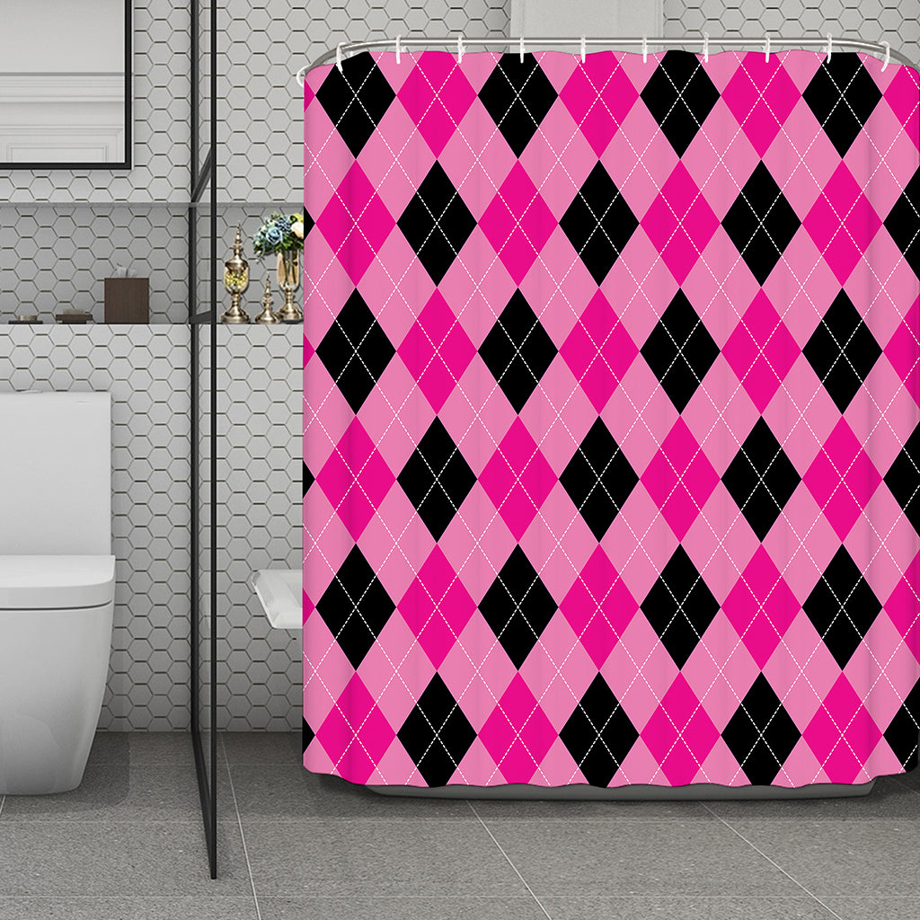 Pink And Black Argyle Pattern Print Polyester Shower Curtain