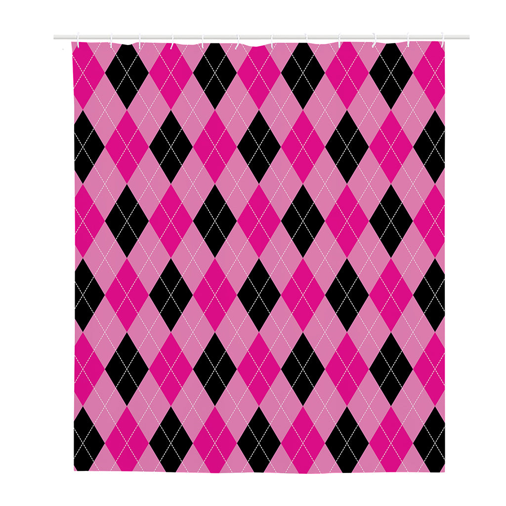 Pink And Black Argyle Pattern Print Polyester Shower Curtain