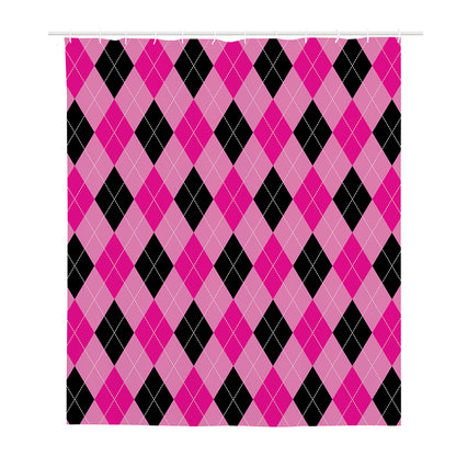 Pink And Black Argyle Pattern Print Polyester Shower Curtain