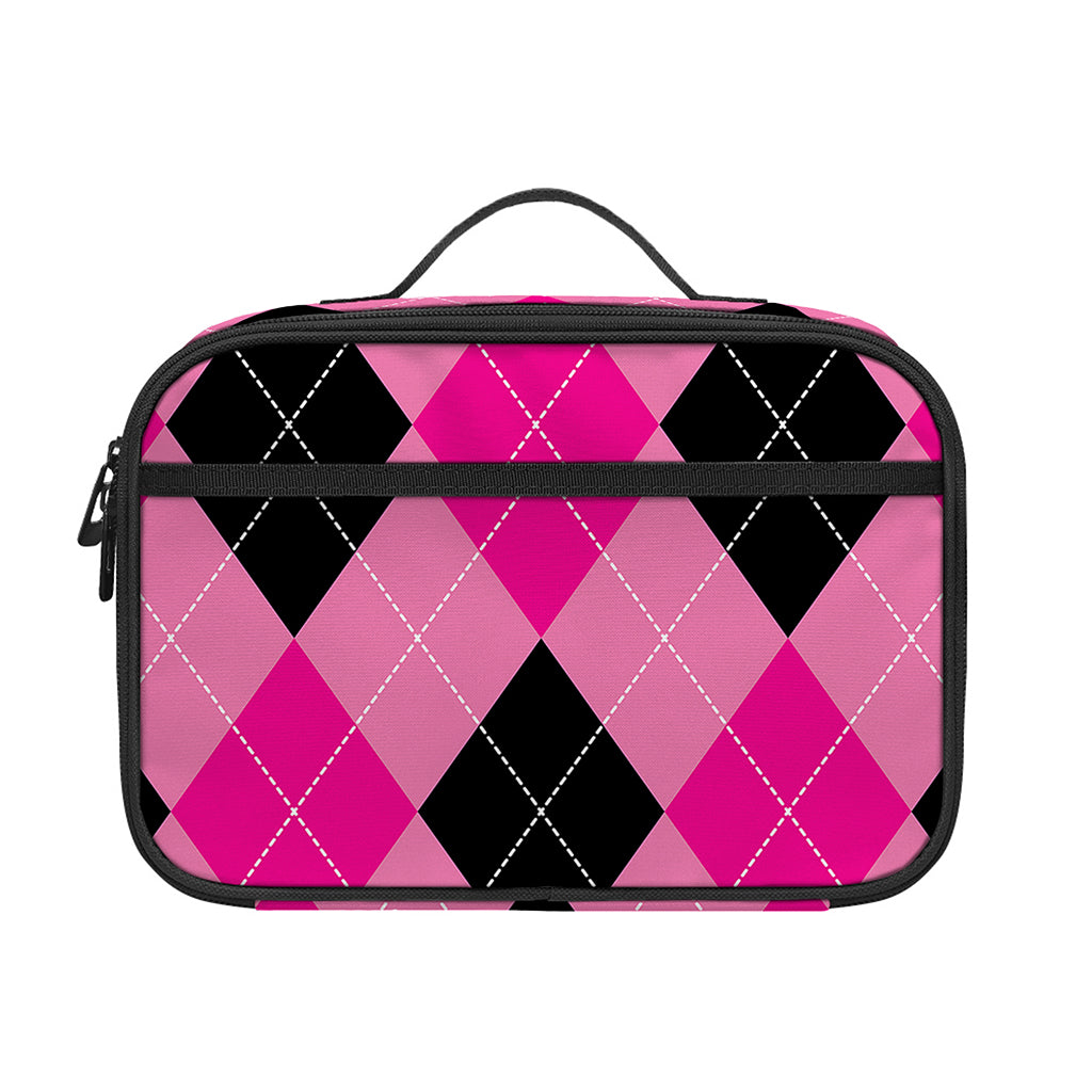 Pink And Black Argyle Pattern Print Portable Lunch Bag