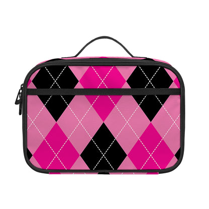Pink And Black Argyle Pattern Print Portable Lunch Bag
